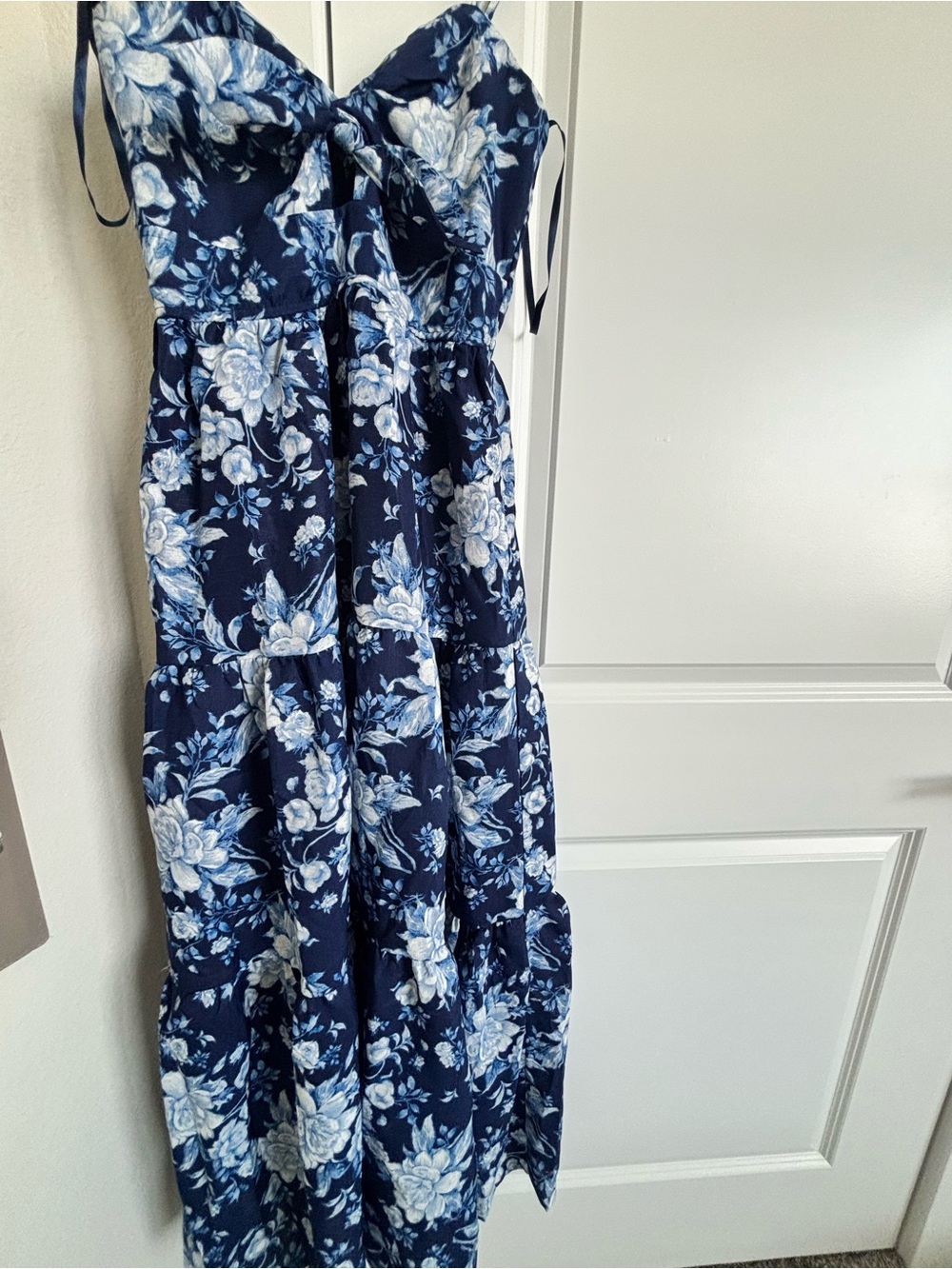 Navy Blue Floral Tie-Front Maxi Dress